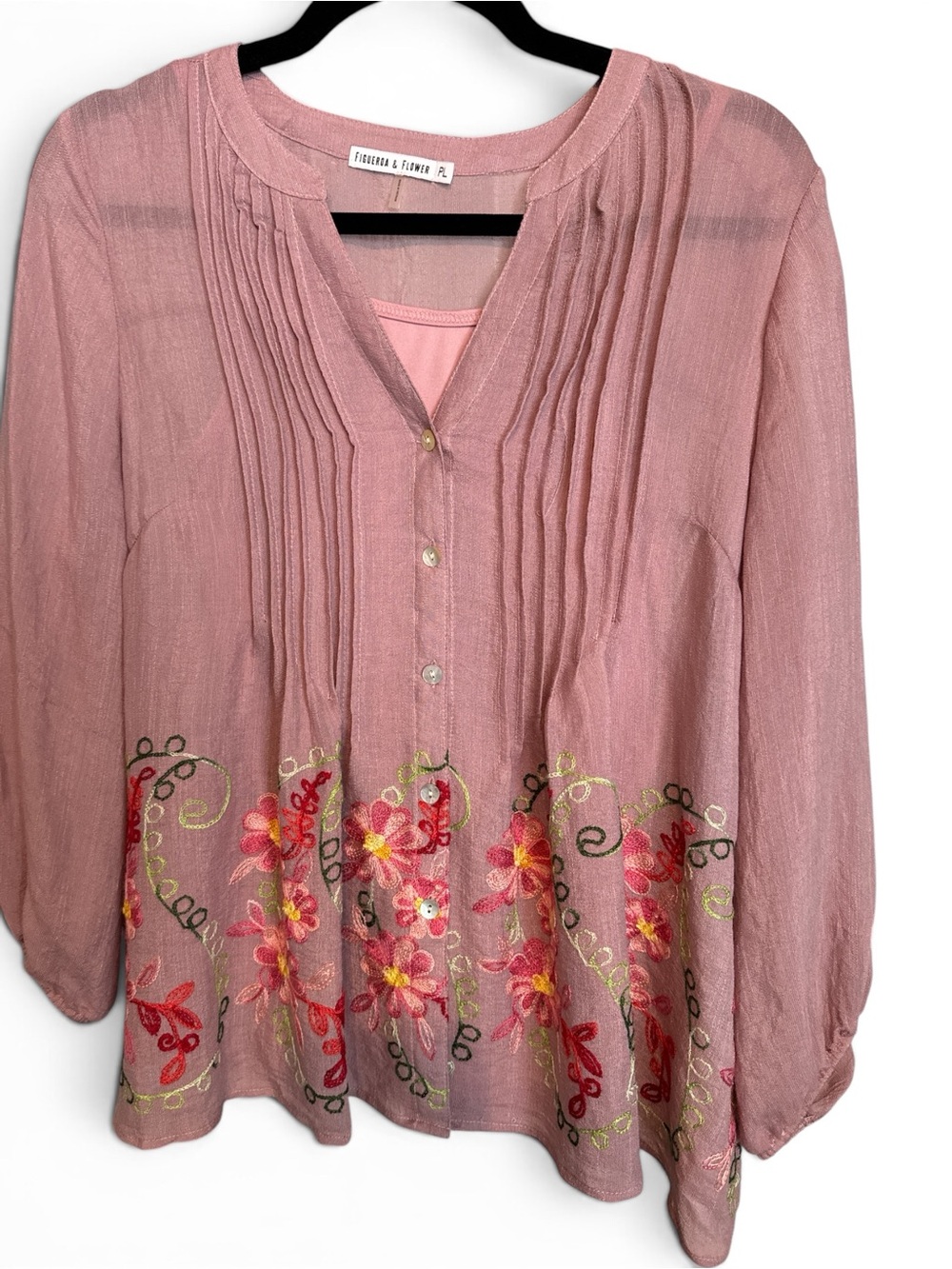 Figueroa & Flower Embroidered Boho Blouse Pink Petite Large NWT